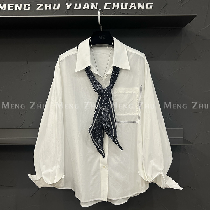 高端欧货2025新款配丝巾装饰翻领排扣单口袋明线设计长袖衬衫女秋,女装/女士精品,衬衫,淘宝优惠券,粉丝福利购,淘宝优惠卷