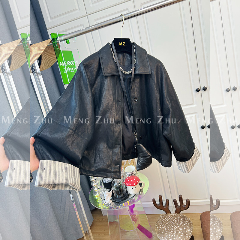高端欧货2025春季新款配包包翻边条纹袖口单排扣夹克pu皮衣外套女,女装/女士精品,皮衣,淘宝优惠券,粉丝福利购,淘宝优惠卷