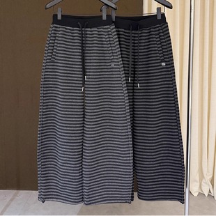 高端欧货冬季新款松紧高腰绑带休闲百搭阔腿条纹弯刀裤女加绒卫裤