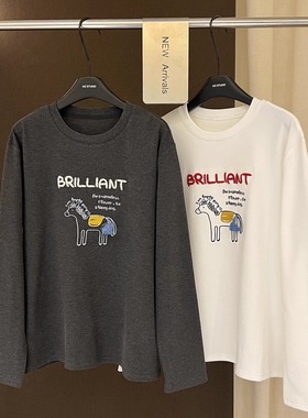 高端欧货冬季新款高级感巨好看的卡通刺绣字母长袖磨毛打底T恤女