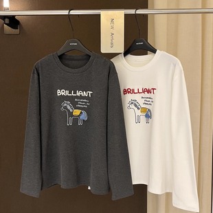 高端欧货冬季新款高级感巨好看的卡通刺绣字母长袖磨毛打底T恤女