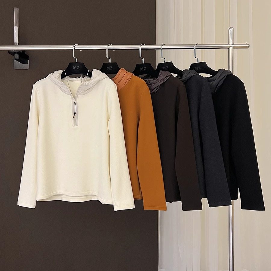 高端欧货冬季新款高级感巨好看的夹棉帽衫拉链拼接德绒长袖T恤女,女装/女士精品,卫衣/绒衫,淘宝优惠券,粉丝福利购,淘宝优惠卷