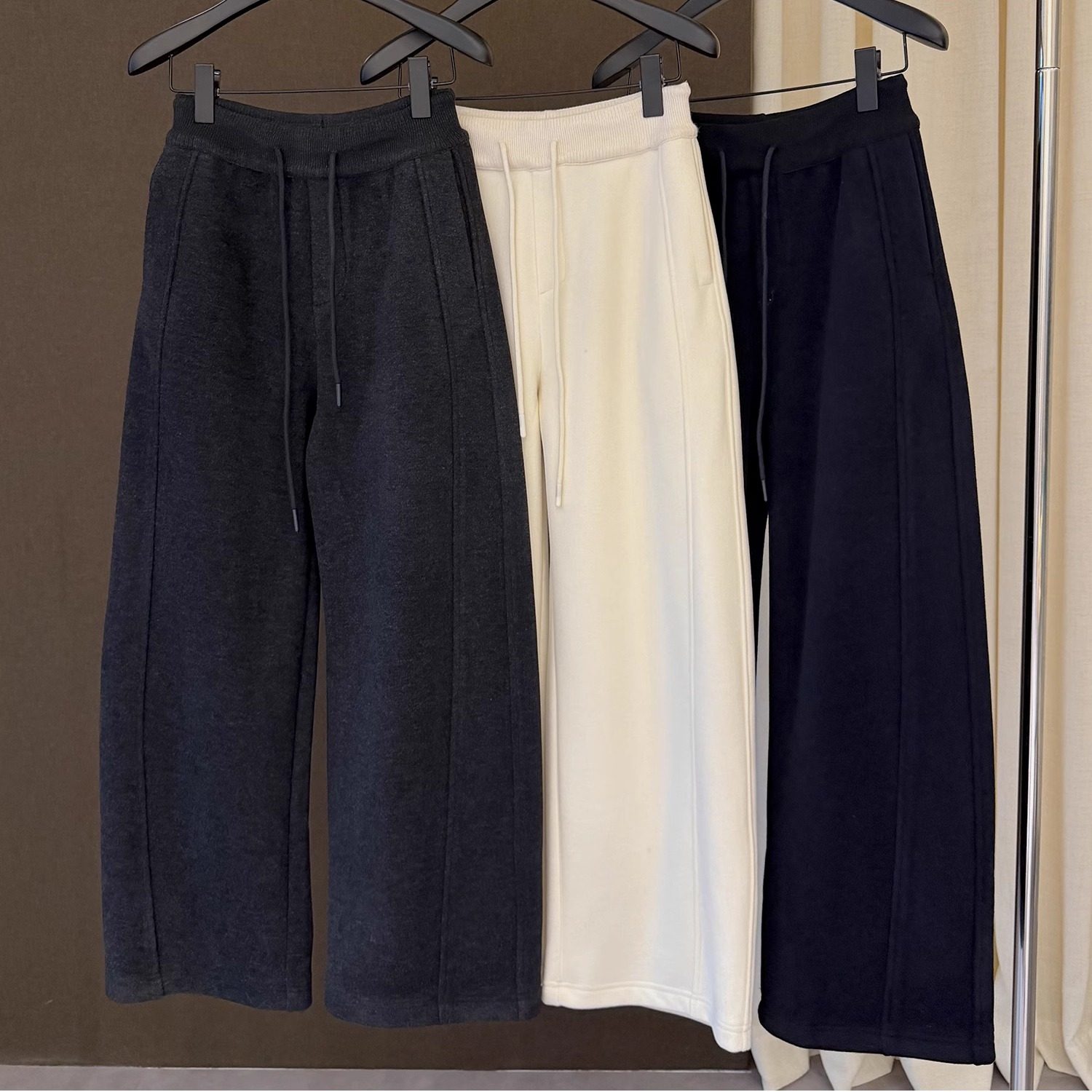 高端欧货冬季新款松紧高腰绑带休闲百搭阔腿拼接弯刀裤女加绒卫裤