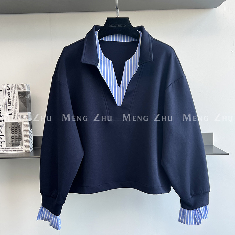 高端欧韩2025春季新款V领假两件条纹衬衫拼接下摆抽绳套头卫衣女,女装/女士精品,卫衣/绒衫,淘宝优惠券,粉丝福利购,淘宝优惠卷