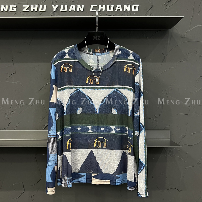 高端欧货2025夏季新款微透视圆领撞色印花长袖防晒面膜T恤女上衣