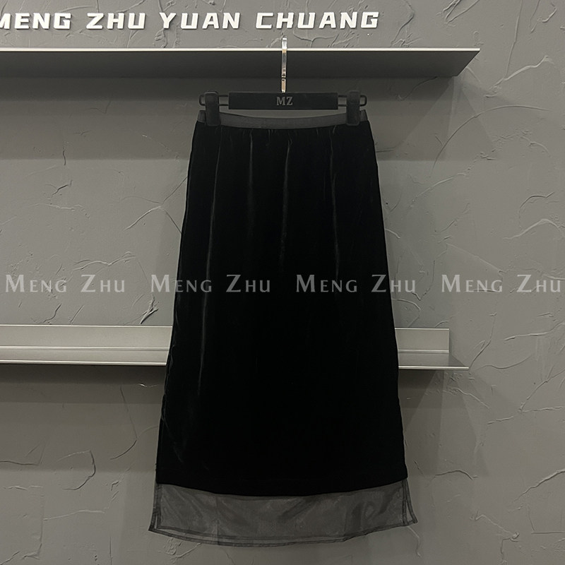 高端欧货2025年夏季新款高腰过膝长款a字侧开叉丝绒网纱半身裙女,女装/女士精品,半身裙,淘宝优惠券,粉丝福利购,淘宝优惠卷