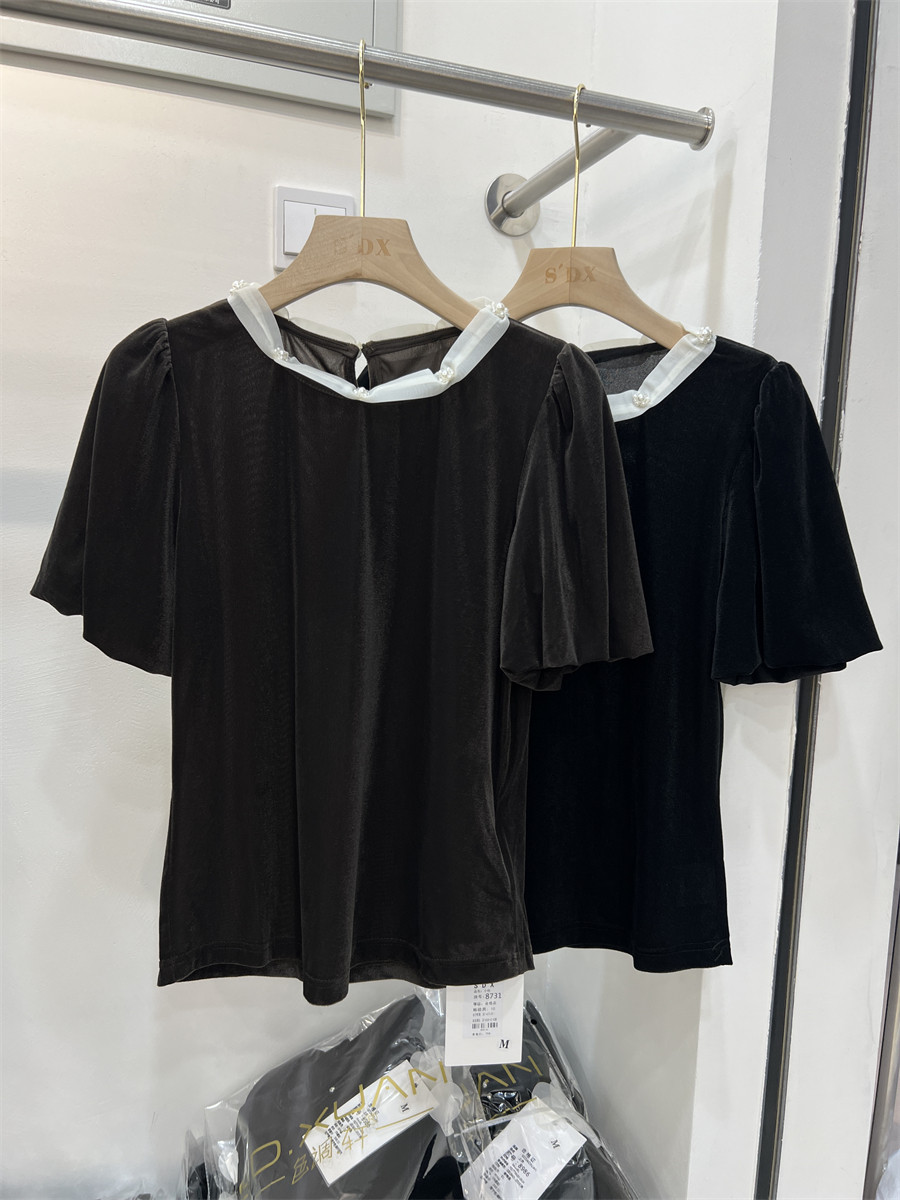 高品质现货2024早秋新款领口钉珠网纱拼接丝绒泡泡短袖衬衫女上衣,女装/女士精品,衬衫,淘宝优惠券,粉丝福利购,淘宝优惠卷