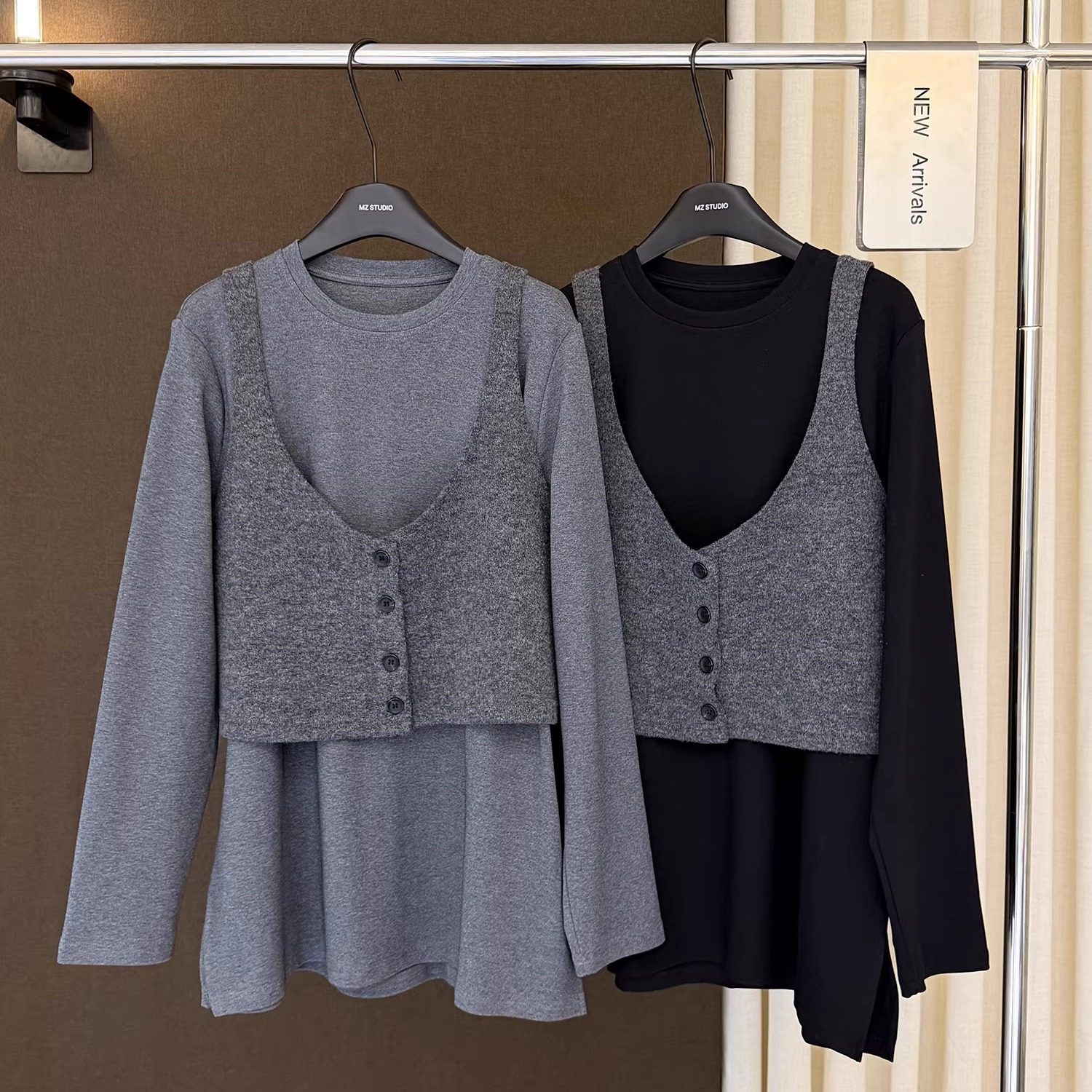 高端欧货冬季新款休闲时尚叠穿吊带背心搭配侧开叉打底T恤女上衣,女装/女士精品,时尚套装,淘宝优惠券,粉丝福利购,淘宝优惠卷