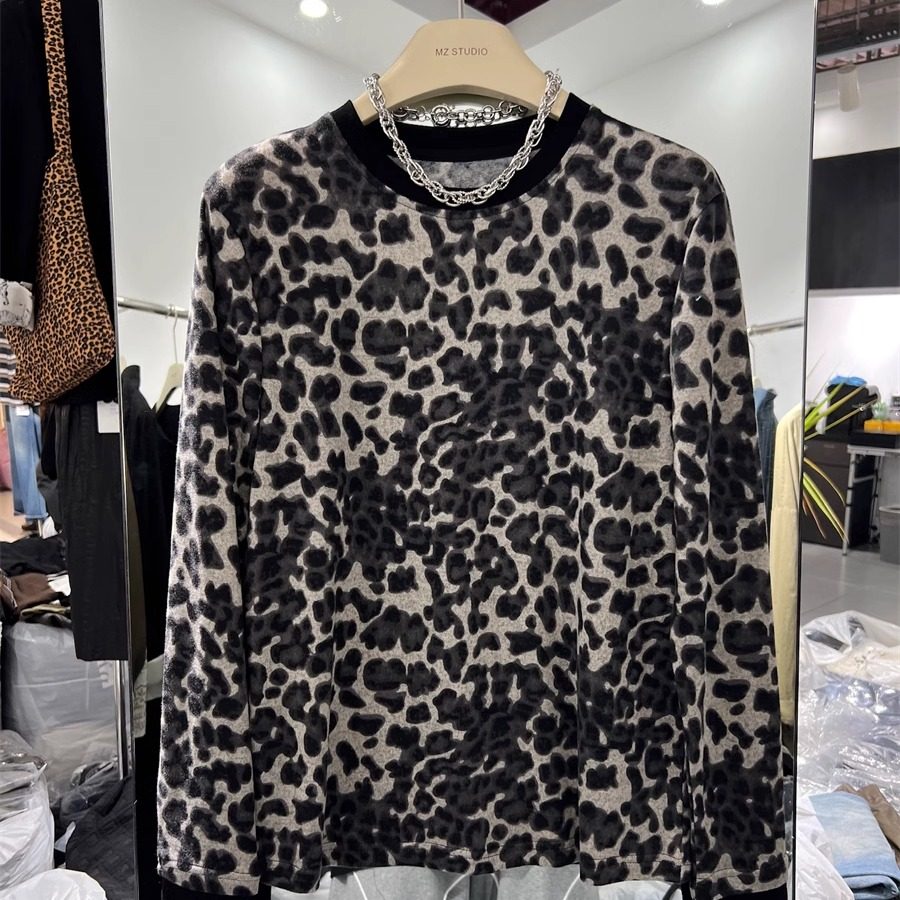高端现货2024年秋季新款圆领休闲时尚百搭磨毛套头豹纹长袖T恤女,女装/女士精品,T恤,淘宝优惠券,粉丝福利购,淘宝优惠卷