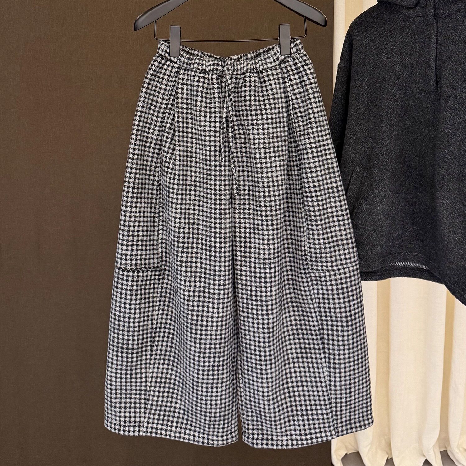 高端欧货冬季新款松紧高腰绑带休闲阔腿千鸟格直筒裤女加绒九分裤