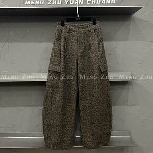 高端欧货秋冬高级感巨好看的豹纹裤子多口袋休闲阔腿加绒工装裤女