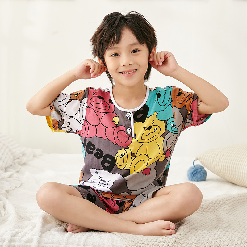 夏季绵绸儿童睡衣套装棉绸男童女小孩宝宝薄款奥特曼蜘蛛侠家居服