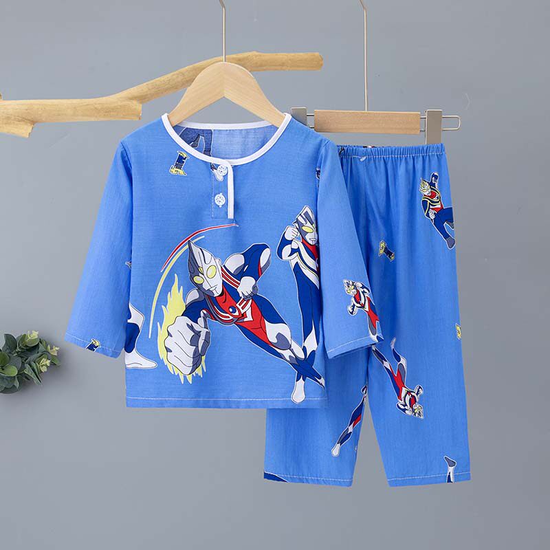 夏季儿童棉绸睡衣宝宝男童绵绸小孩长袖套装男孩女童薄空调家居服