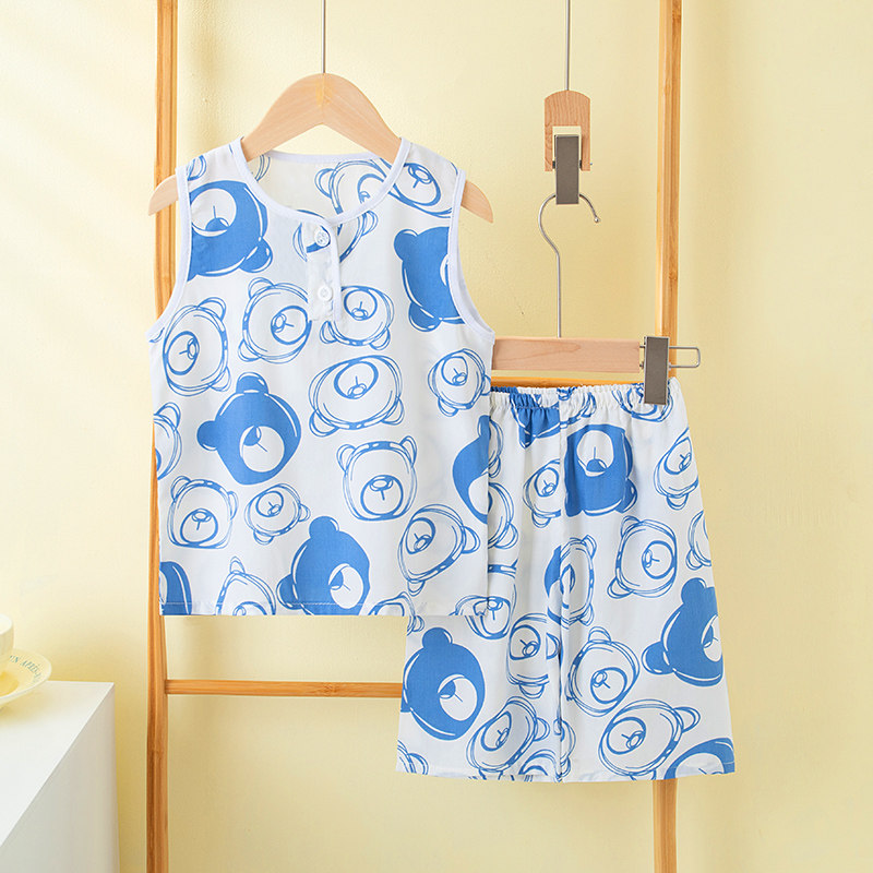 夏季儿童棉绸背心短裤家居服套装薄款冰丝大男童女童宝宝休闲
