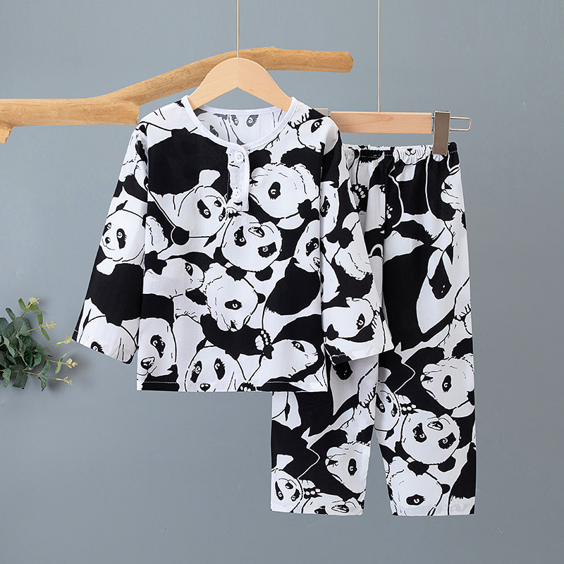 夏季儿童绵绸睡衣男童女童春季薄款长袖棉绸家居空调服男女孩套装