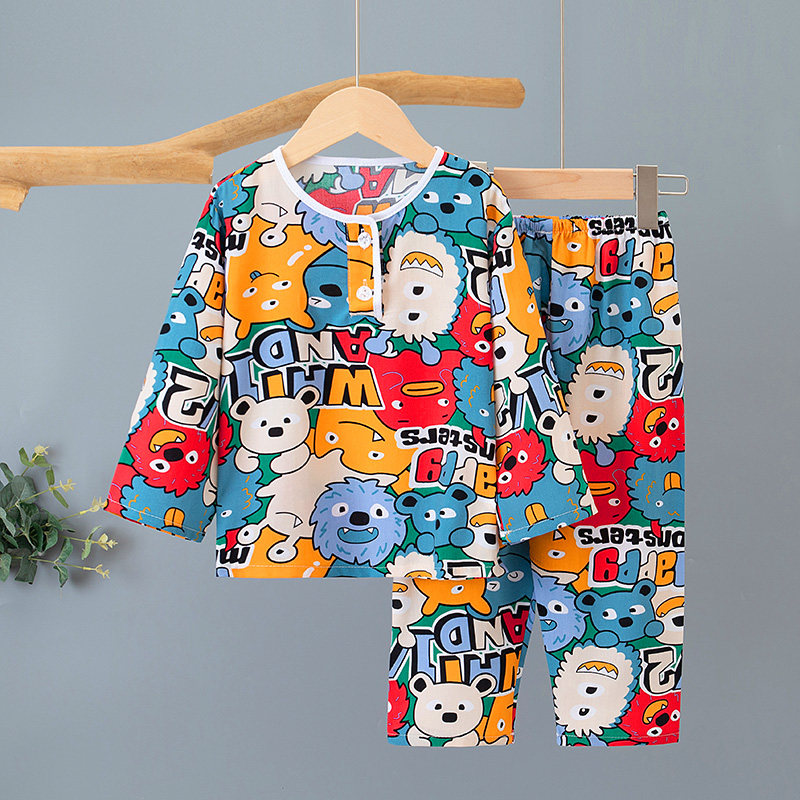 春夏儿童棉绸睡衣套装男童女童绵绸长袖长裤宝宝卡通空调家居服薄