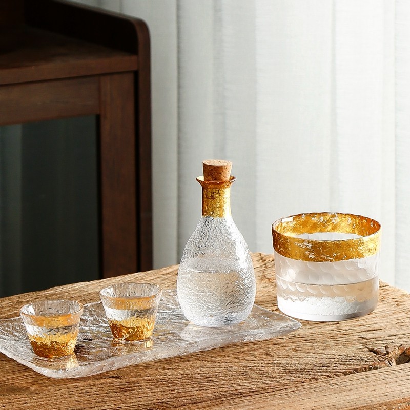 高档轻奢金箔酒具摆件高级白酒杯分酒器水晶玻璃杯一口杯酒具套装