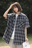 格子短袖衬衫女中性女装2024夏新宽松美式休闲潮流情侣Y460P38特，女装衬衫，电商A222A