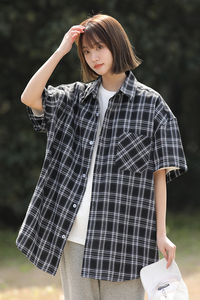 格子短袖衬衫女中性女装2024夏新宽松美式休闲潮流情侣Y460P38特图片