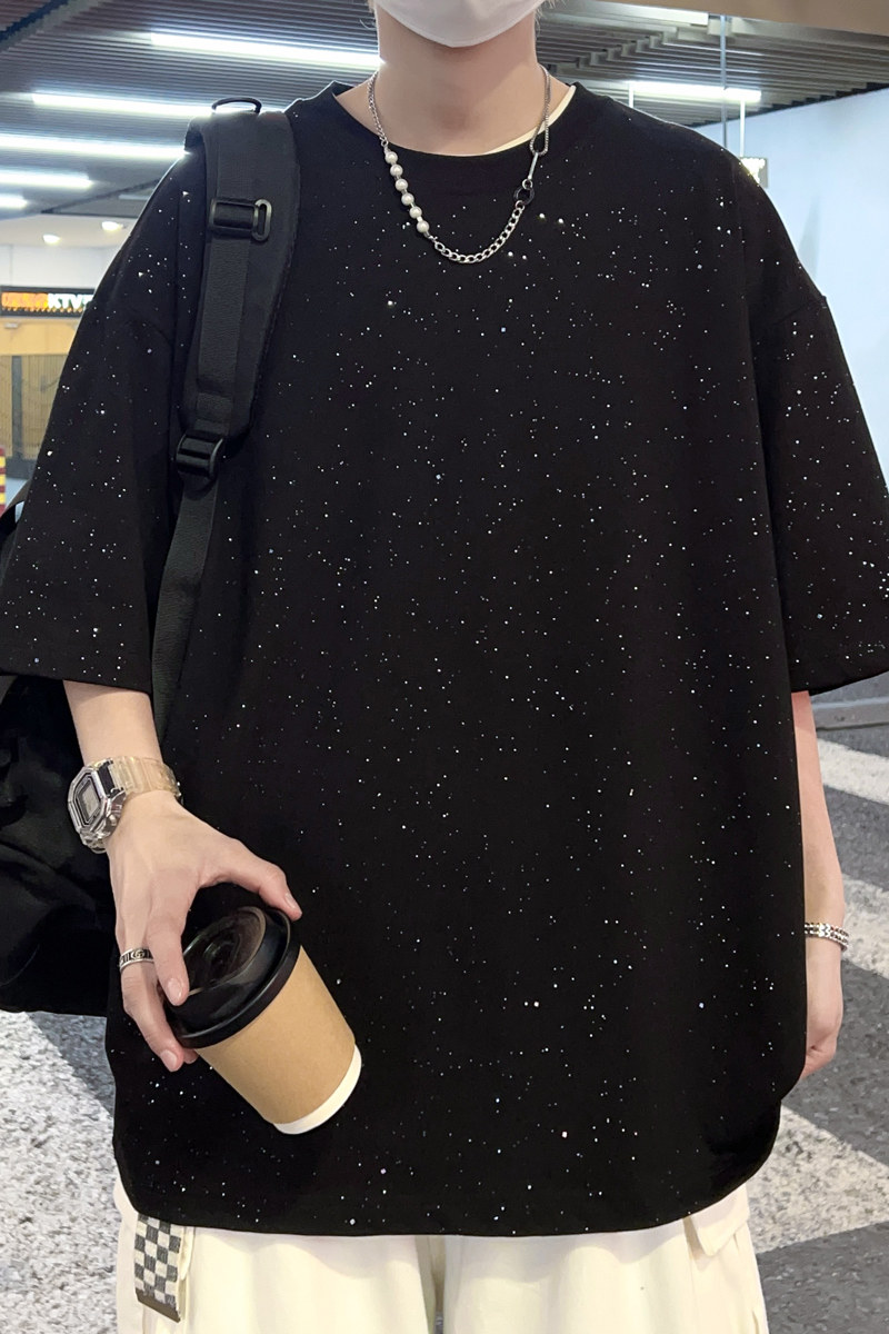 满天星钻oversize巴黎家2024夏季新宽松潮流短袖T恤男Y413P30,男装T恤,电商A222A