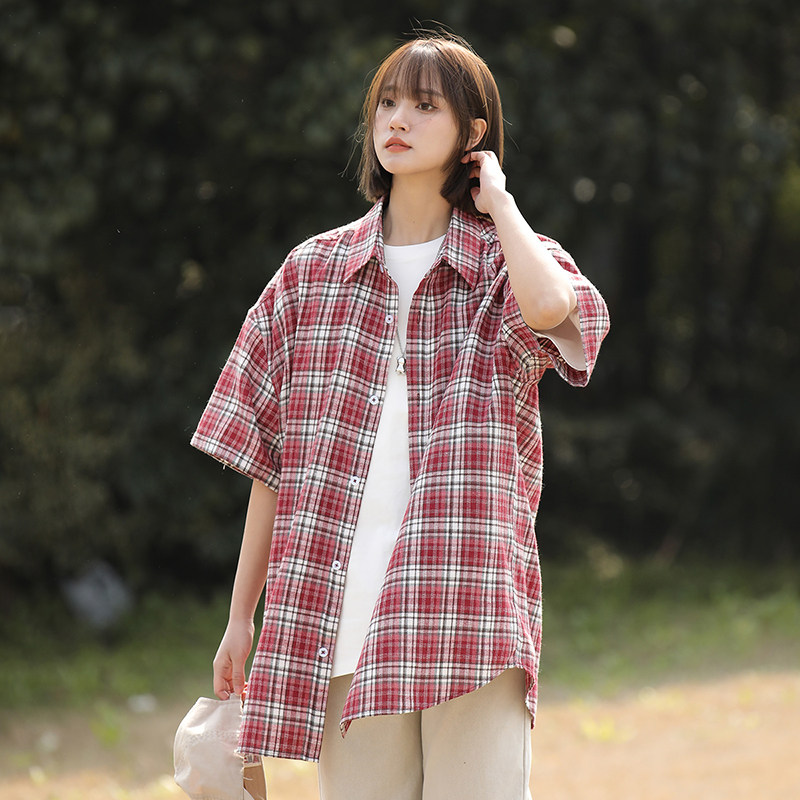 2024夏新宽松中性女装美式休闲潮流格子短袖衬衫女情侣Y460P38特图片