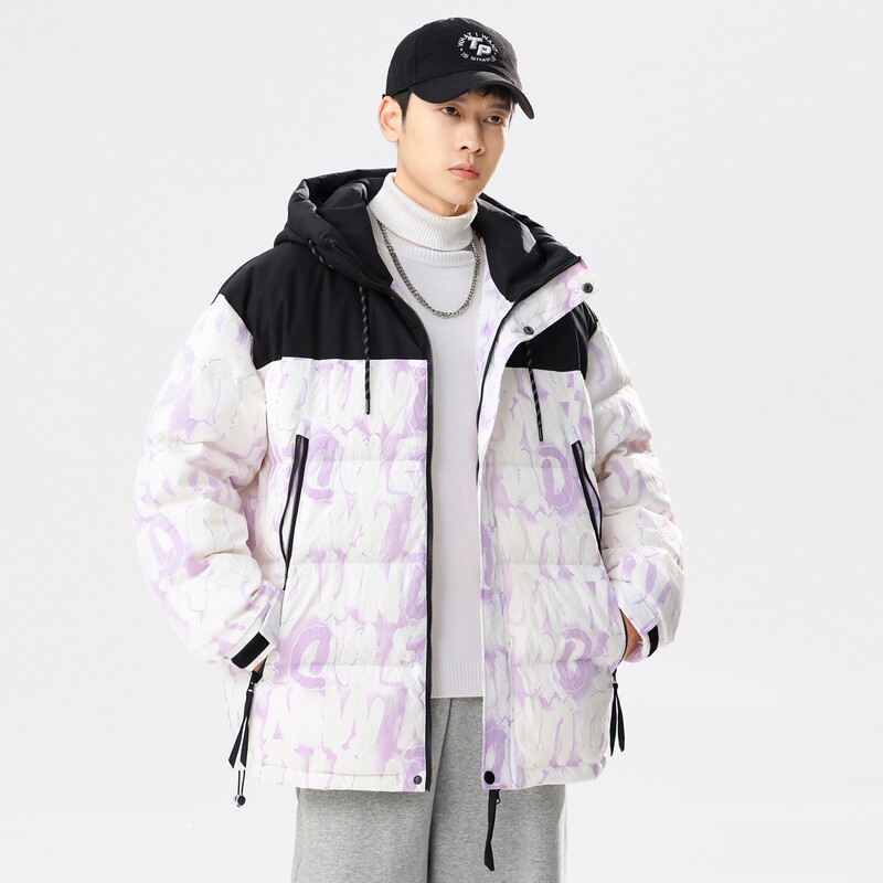 90%标羽绒服男连帽宽松2024冬季美式休闲拼接情侣大码YR83P325，男装羽绒服，电商A222A