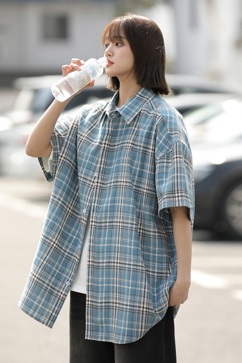 美式休闲中性女装2024夏新宽松潮流格子短袖衬衫女情侣Y460P38特,女装衬衫,电商A222A