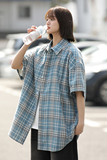美式休闲中性女装2024夏新宽松潮流格子短袖衬衫女情侣Y460P38特，女装衬衫，电商A222A
