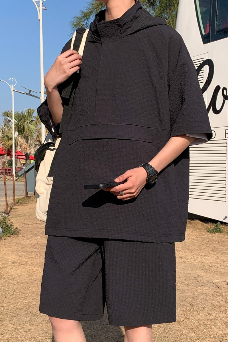 2024夏季新oversize美式高街宽松潮流连帽短袖T短裤套装Y417P75套,男装休闲套装,电商A222A