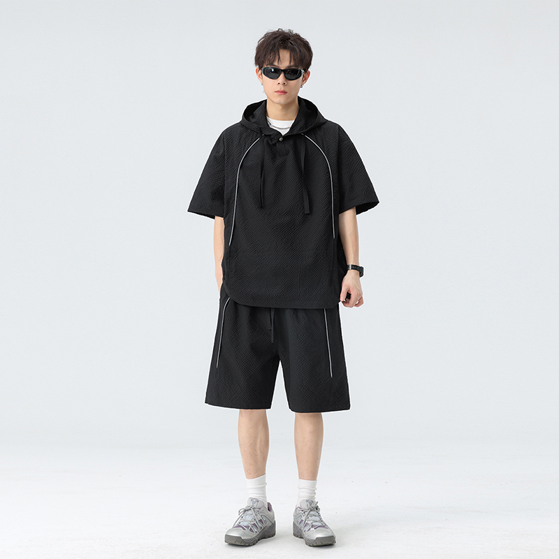 2025夏新宽松放光条套装美式休闲潮连帽短袖T男短裤大码7050P69，男装休闲套装，电商A222（原电商A231）