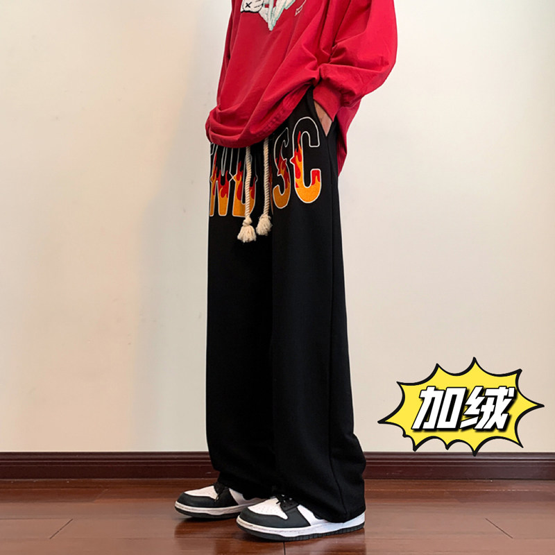 加绒港风2024冬新美式ins宽松刺绣潮直筒运动休闲裤男长裤K960P65图片