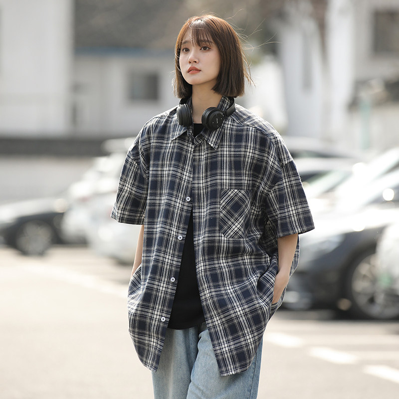 中性女装2024夏新宽松美式休闲潮流格子短袖衬衫女情侣Y460P38特图片