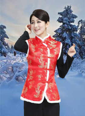 新款酒店茶楼唐装秋冬工作服2370-3棉大红色马甲女士中式加棉背心