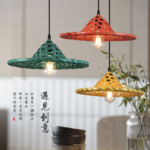 创意个性草帽吊灯农家乐火锅店餐厅中式复古田园怀旧竹编斗笠灯具