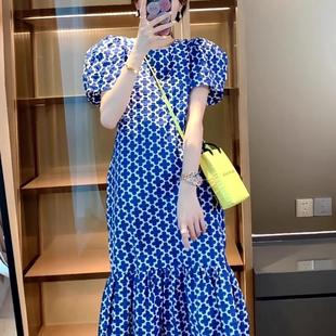 大码女装韩版早春新款胖mm蓝色四叶草优雅泡泡袖鱼尾裙摆连衣裙女