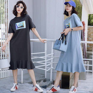 长款过膝T恤裙女2025夏季新款韩版宽松印花短袖鱼尾裙大码连衣裙