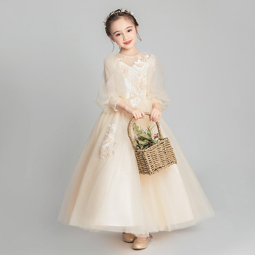 儿童晚礼服公主裙高端女童婚纱花童结婚小孩走秀演出服蓬蓬长袖秋