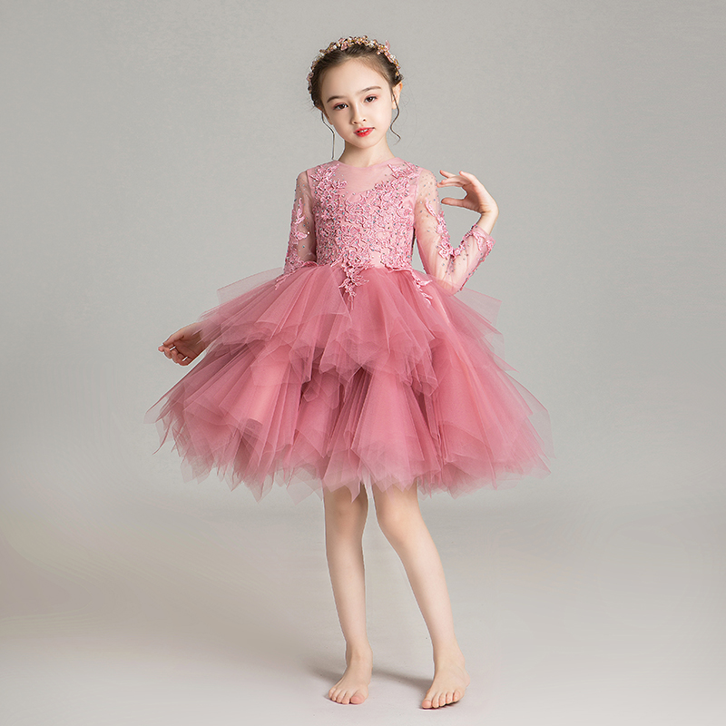 女童晚礼服公主裙蓬蓬纱小花童白纱裙长袖婚纱高端洋气走秀演出服