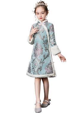 旗袍12岁小孩长袖加厚冬季拜年服