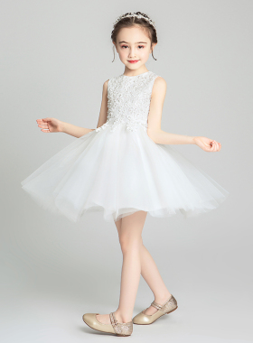 女童礼服公主裙洋气小女孩花童婚纱蓬蓬纱裙白色儿童钢琴演出服夏