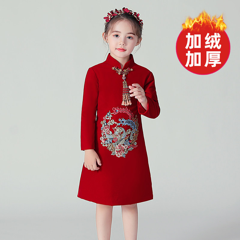儿童唐装女童旗袍新年装中国风过年女孩花童喜庆红色拜年服装春款