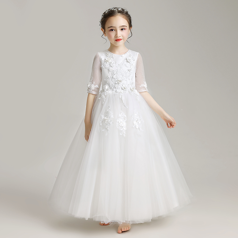 白色纱裙长款小女孩钢琴演出服