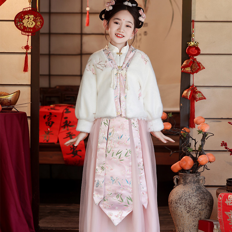 儿童汉服女童唐装拜年服中国风小孩过年新年服加绒加厚春季新款粉