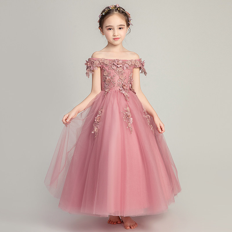 儿童晚礼服一字肩女童婚纱绑带长款小女孩花童蓬蓬纱钢琴表演服夏