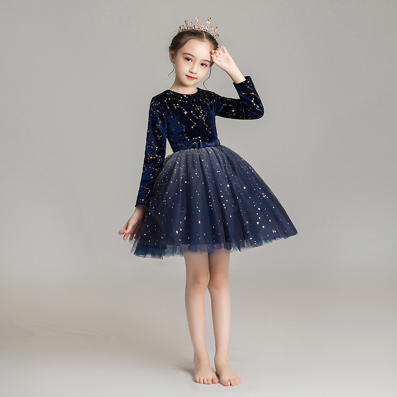 女童晚礼服儿童公主裙小孩花童婚纱长袖款钢琴演出服冬装加绒加厚