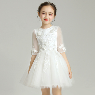 儿童礼服女童公主裙蓬蓬纱裙小花童婚礼钢琴表演服装 礼裙白色春夏
