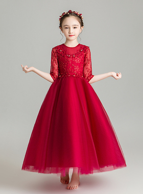 女童晚礼服儿童婚纱小女孩公主裙蓬蓬纱红色花童婚礼晚宴高端洋气
