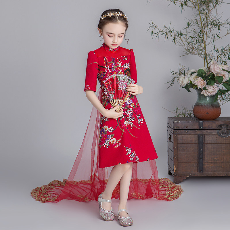 儿童礼服公主裙女童旗袍国潮小孩走秀时尚演出服大童婚纱高端拖尾