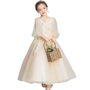 儿童晚礼服公主裙高端女童婚纱花童结婚小孩走秀演出服蓬蓬长袖夏