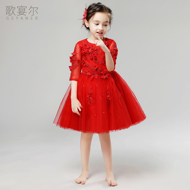 儿童晚礼服公主裙女童主持人表演中国风蓬蓬纱红色花童钢琴演出服_虎窝淘